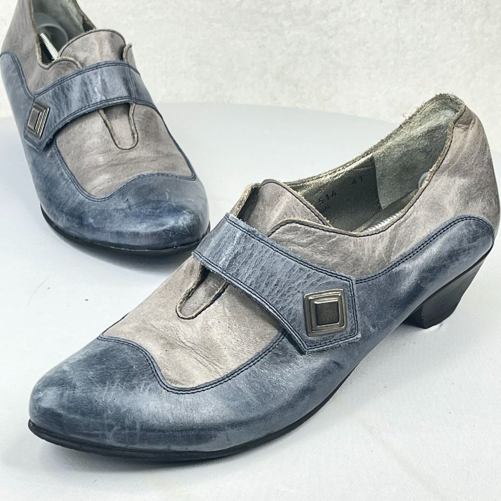 FIOJI Womens 41 (US 10.5-11) Blue Gray Leather Loafer Heels Booties Low Heel